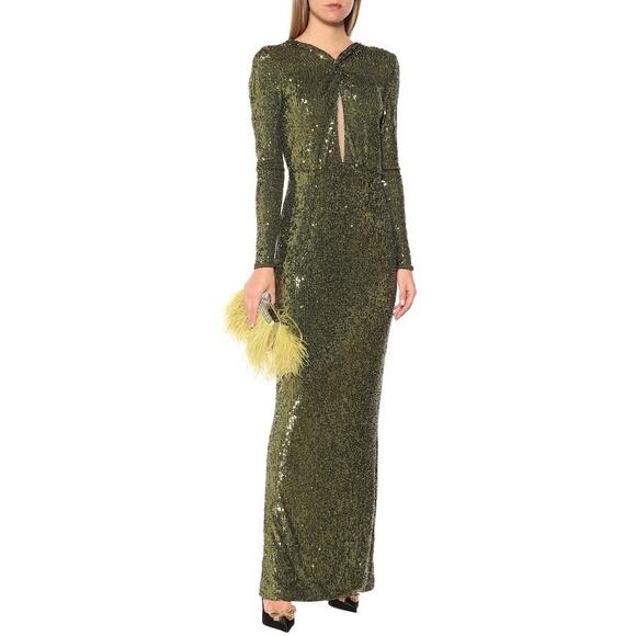 Dundas Olive Green Sequin Keyhole Plunge Evening Gown Size 38 Long Formal Dress - Picture 1 of 15